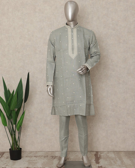 Sage Grey Linen Embroidered Kurta Pyjama Set