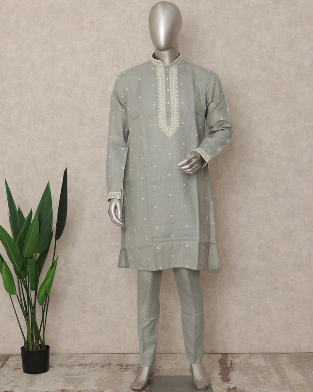 Sage Grey Linen Embroidered Kurta Pyjama Set