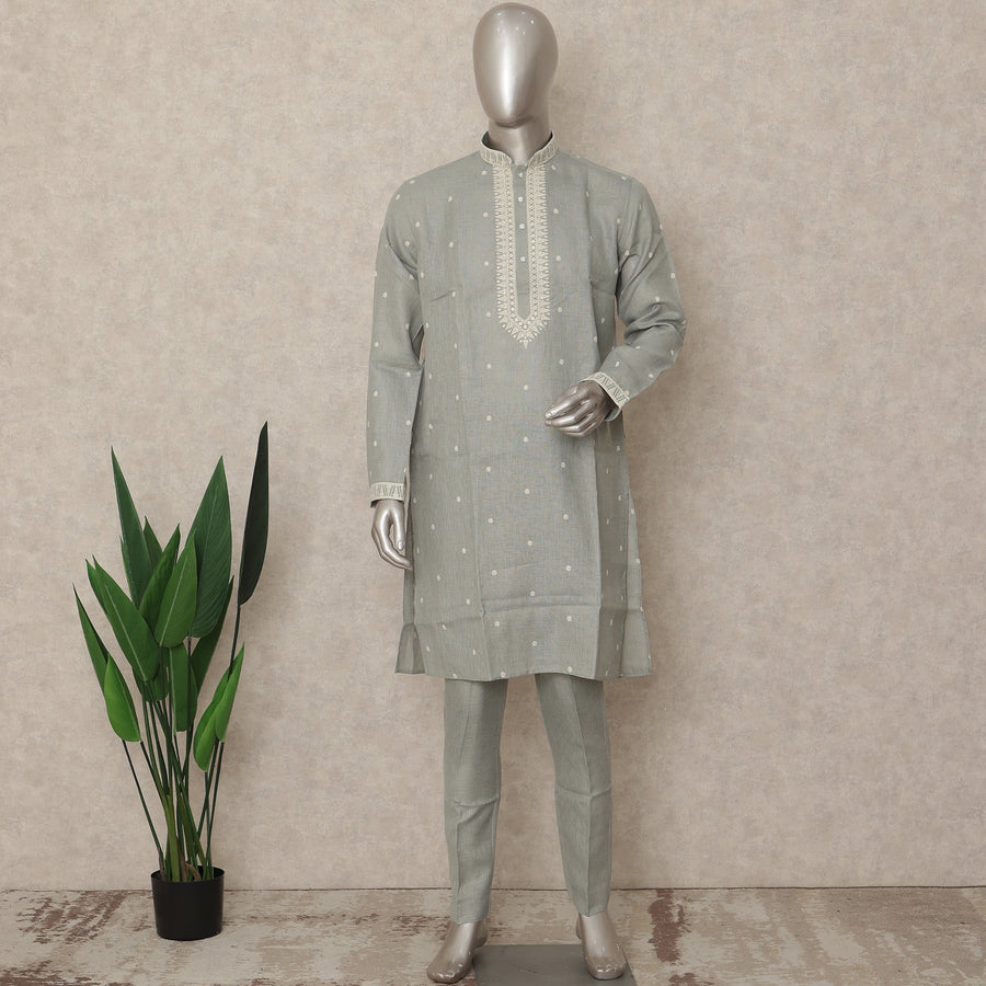 Sage Grey Linen Embroidered Kurta Pyjama Set