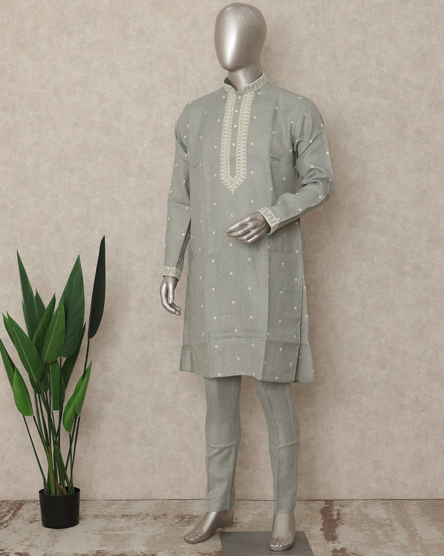 Sage Grey Linen Embroidered Kurta Pyjama Set