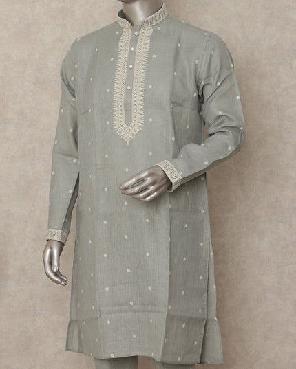 Sage Grey Linen Embroidered Kurta Pyjama Set