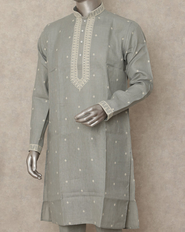 Sage Grey Linen Embroidered Kurta Pyjama Set