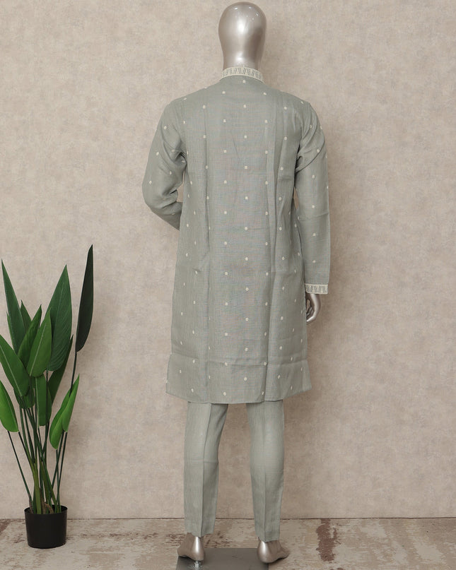 Sage Grey Linen Embroidered Kurta Pyjama Set