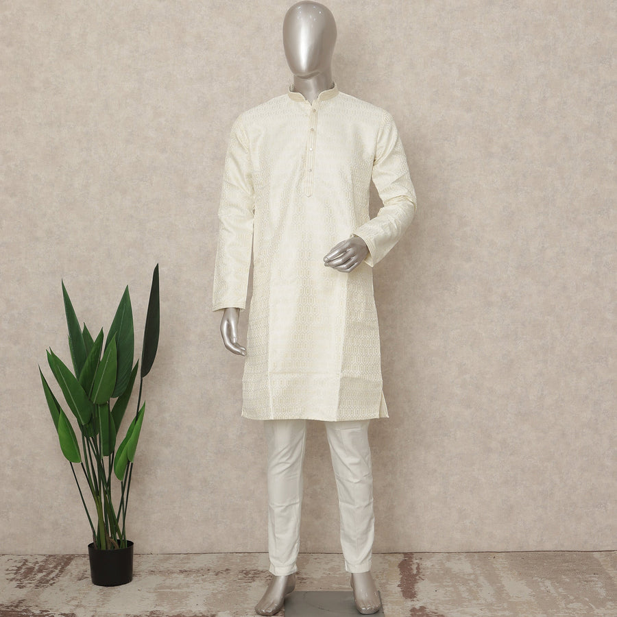 White Banarsi Silk Men's Kurta Pajama - D29278