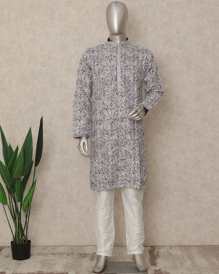 Ivory White Cotton Printed Kurta Pyjama Set Men