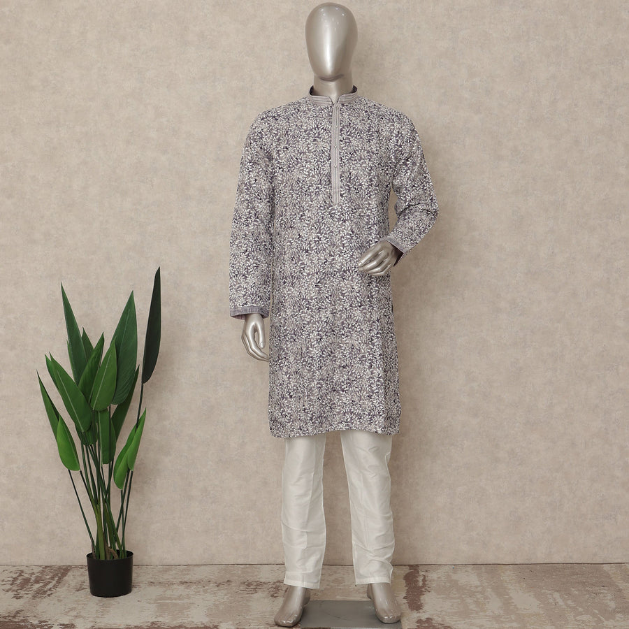 Ivory White Cotton Printed Kurta Pyjama Set Men