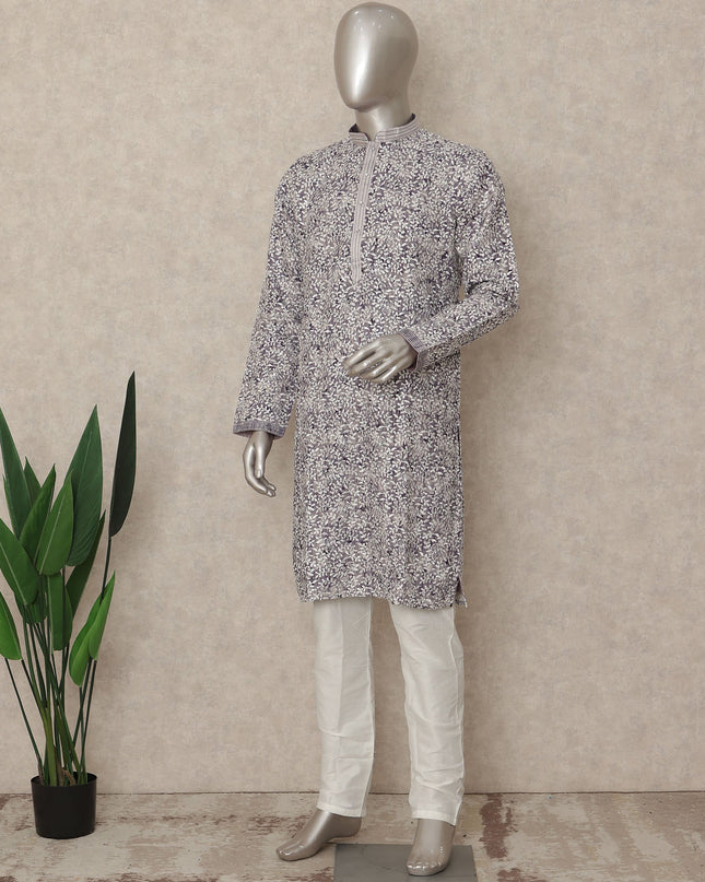 Ivory White Cotton Printed Kurta Pyjama Set Men