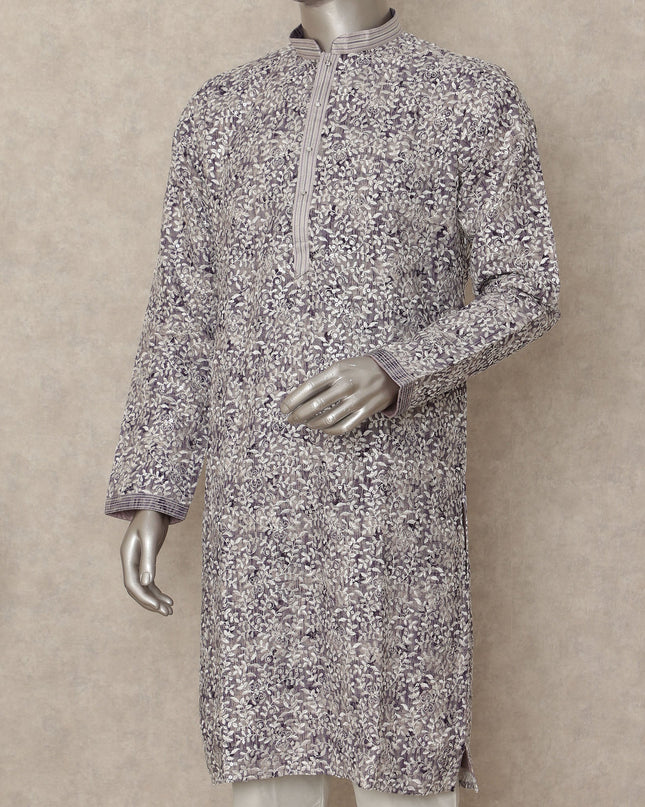 Ivory White Cotton Printed Kurta Pyjama Set Men