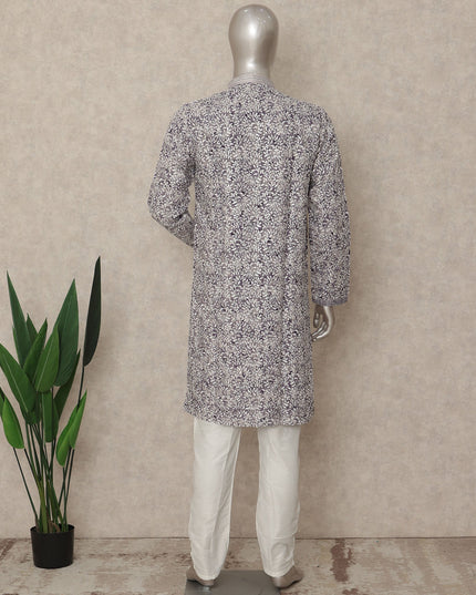 Ivory White Cotton Printed Kurta Pyjama Set Men