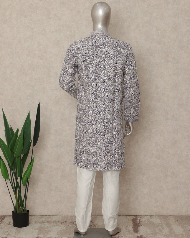 Ivory White Cotton Printed Kurta Pyjama Set Men
