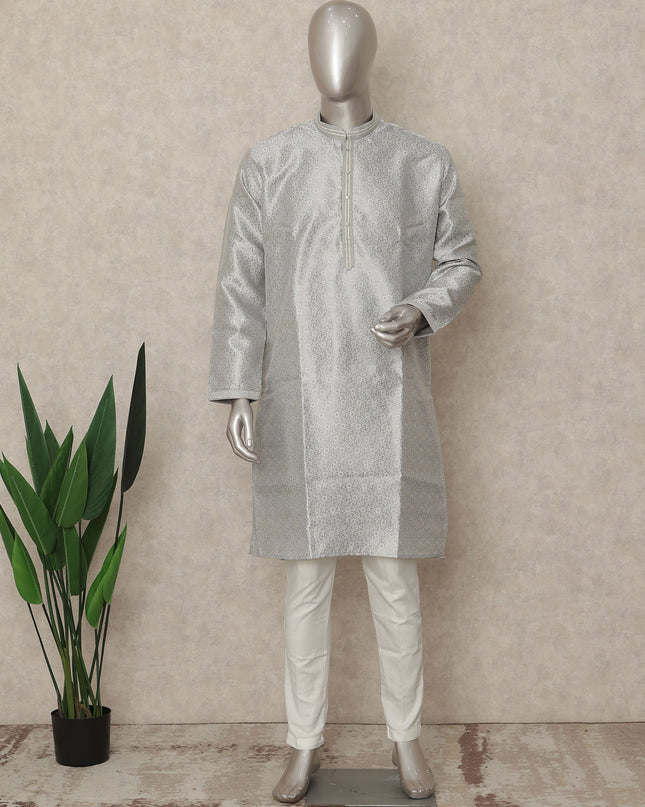 Silver Banarsi Silk Men's Kurta Pajama - D29281