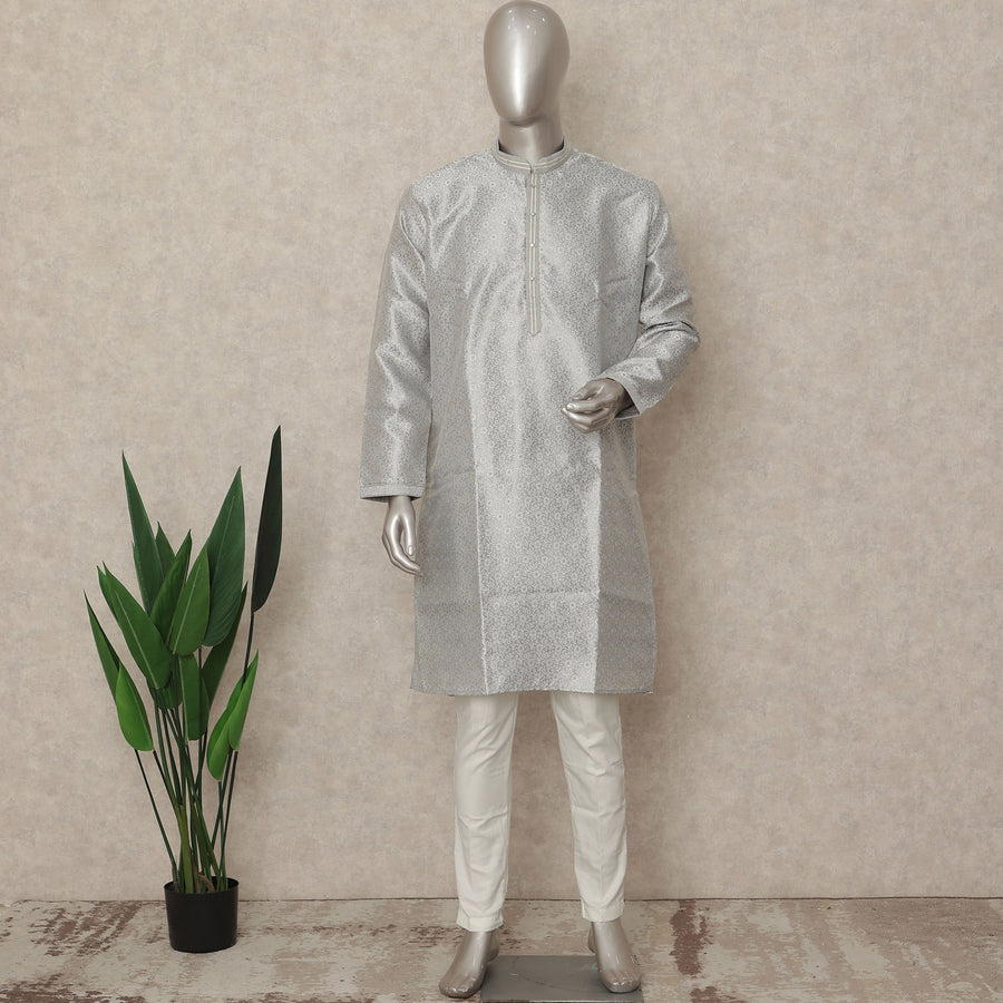 Silver Banarsi Silk Men's Kurta Pajama - D29281