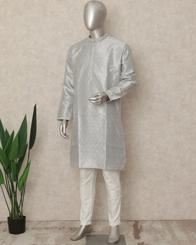 Silver Banarsi Silk Men's Kurta Pajama - D29281