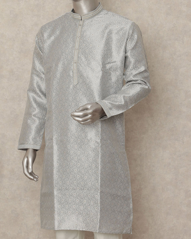 Silver Banarsi Silk Men's Kurta Pajama - D29281