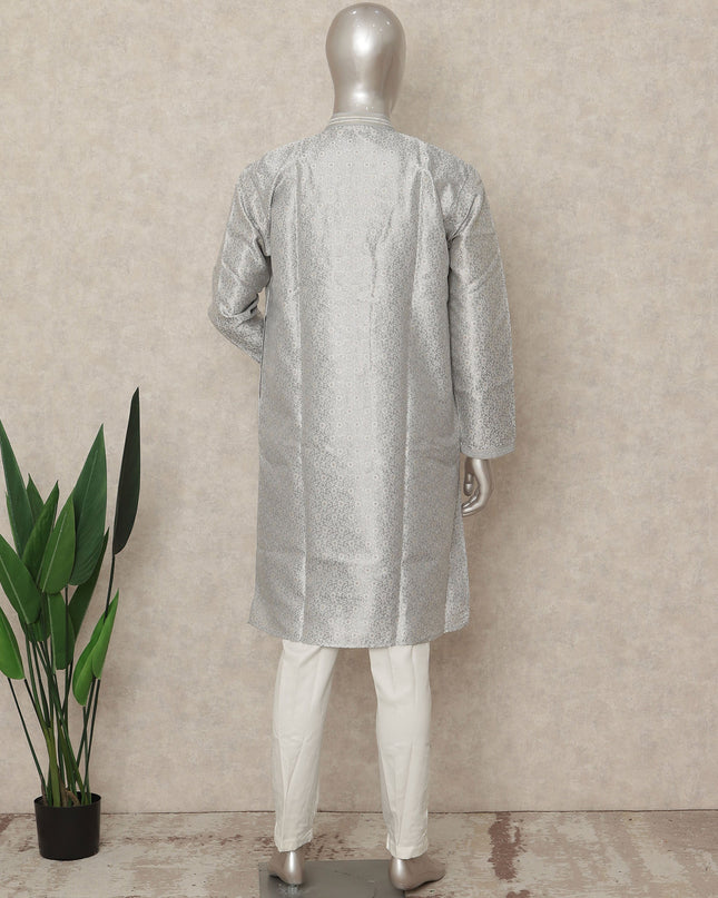 Silver Banarsi Silk Men's Kurta Pajama - D29281