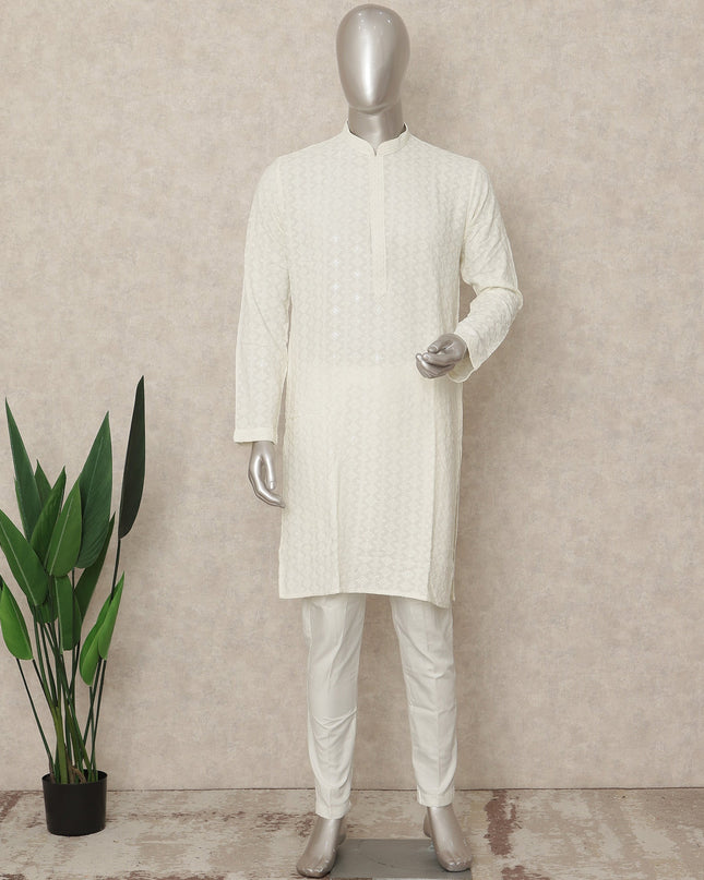 White Cotton Men's Kurta Pajama - D29286