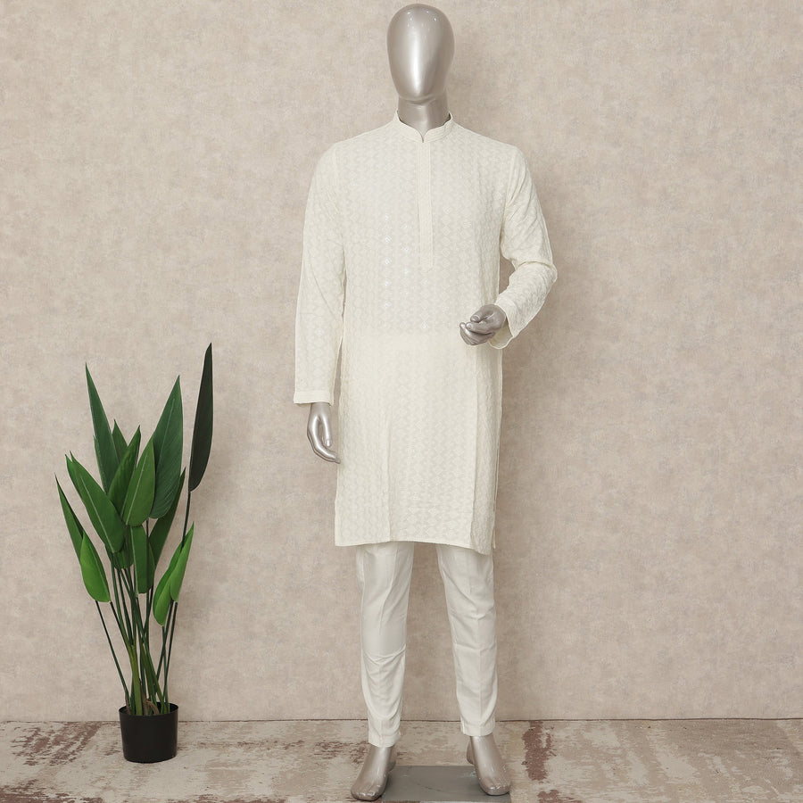 White Cotton Men's Kurta Pajama - D29286