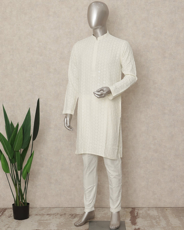 White Cotton Men's Kurta Pajama - D29286