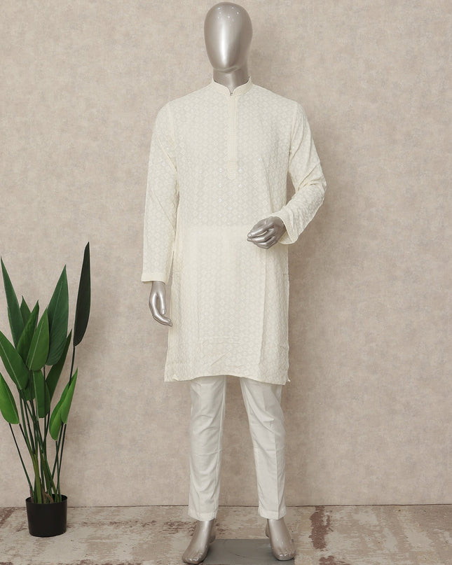 White Cotton Men's Kurta Pajama - D29287