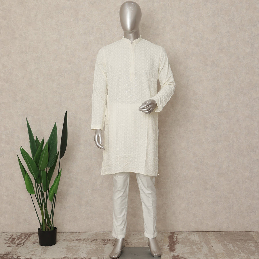 White Cotton Men's Kurta Pajama - D29287