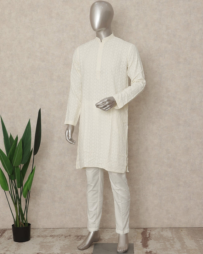White Cotton Men's Kurta Pajama - D29287