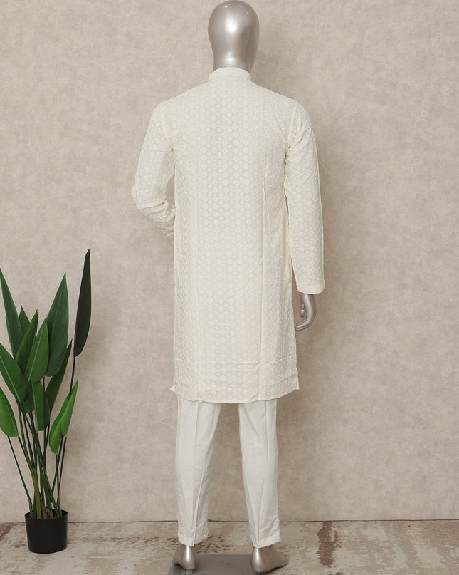 White Cotton Men's Kurta Pajama - D29287