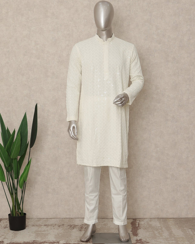 Ivory White Chikankari Cotton Kurta Set Men
