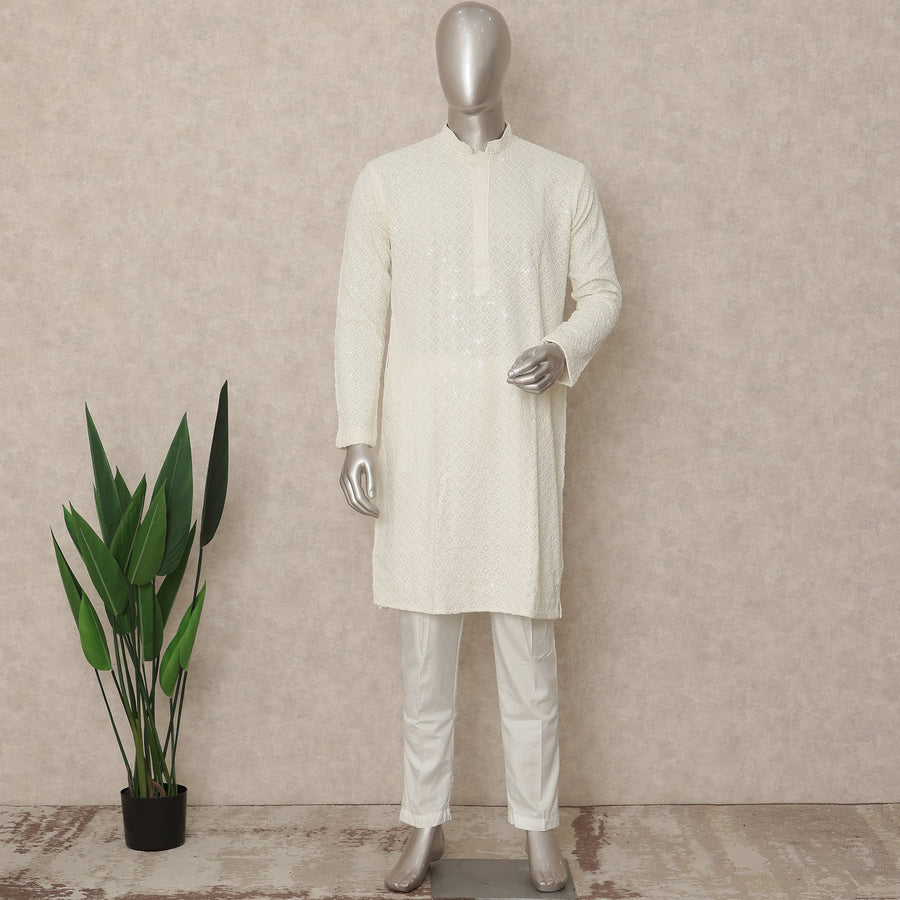 Ivory White Chikankari Cotton Kurta Set Men