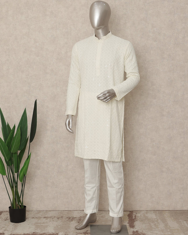 Ivory White Chikankari Cotton Kurta Set Men