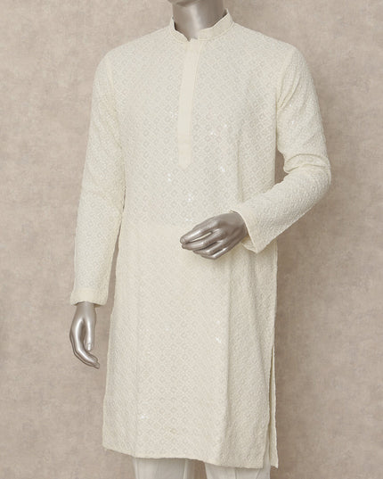 Ivory White Chikankari Cotton Kurta Set Men