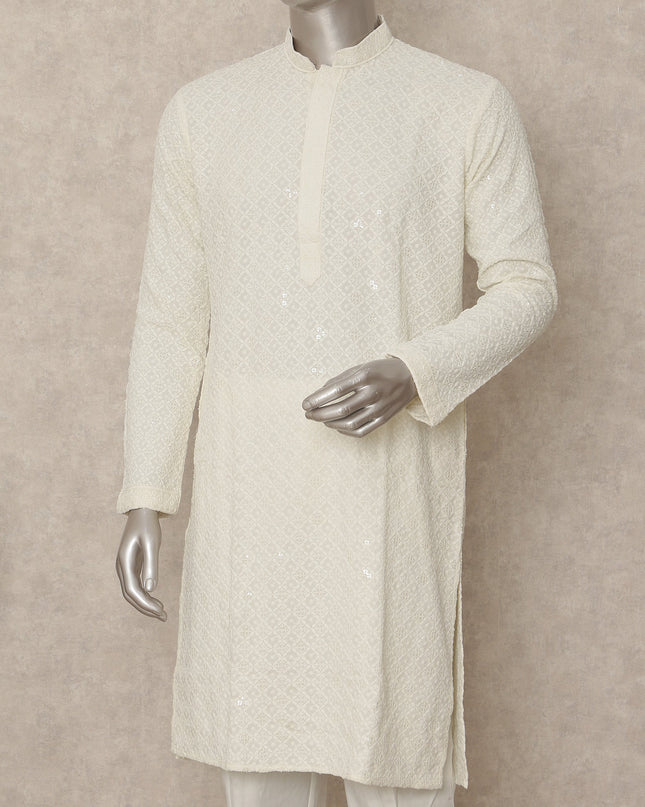 Ivory White Chikankari Cotton Kurta Set Men