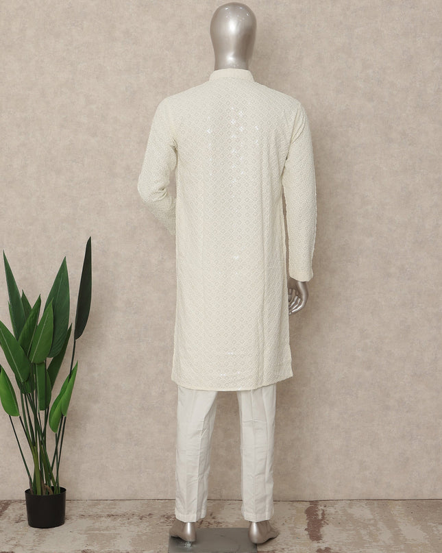 Ivory White Chikankari Cotton Kurta Set Men