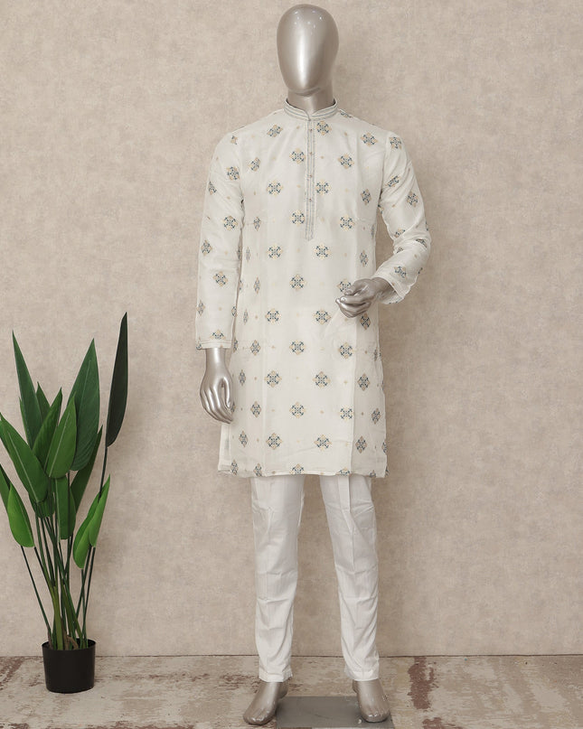 Pearl White Brocade Kurta Pyjama Set for Men