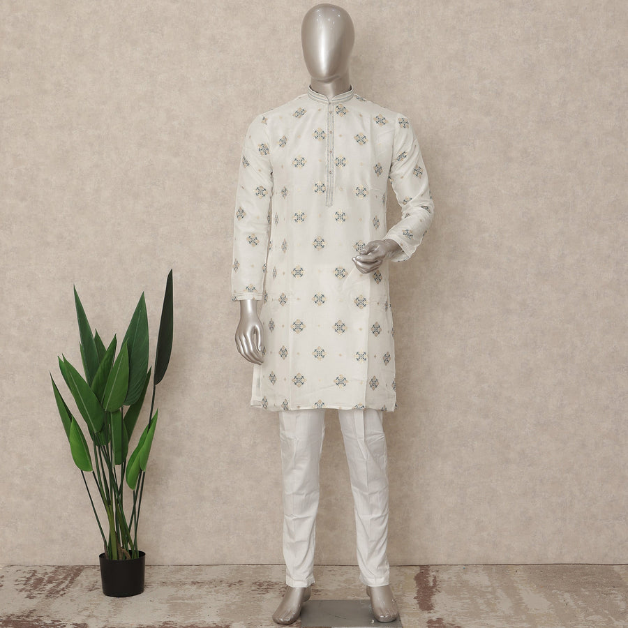 Pearl White Brocade Kurta Pyjama Set for Men