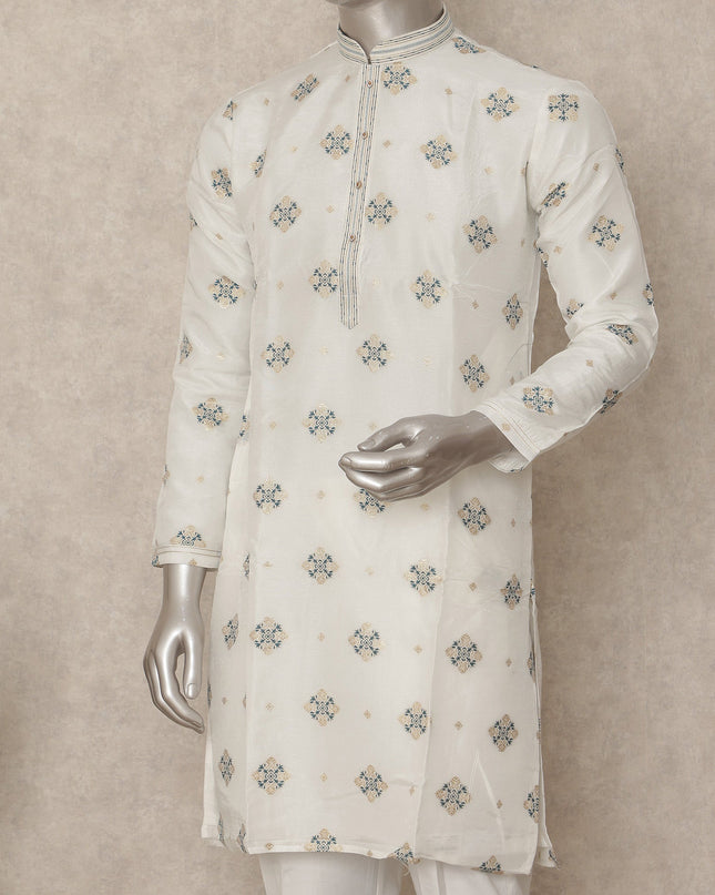 Pearl White Brocade Kurta Pyjama Set for Men