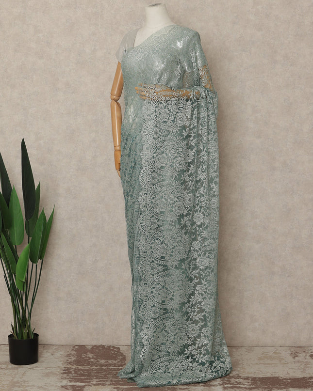 Sage Green Metallic French Chantilly Saree Lace Elegant Floral Net Design 5.5 Mtrs Length 110 Cms Width Premium Soft Sheer Fabric France Origin-D28908 Regal Fabrics
