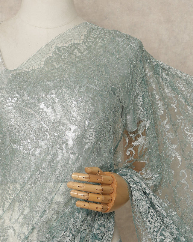 Sage Green Metallic French Chantilly Saree Lace Elegant Floral Net Design 5.5 Mtrs Length 110 Cms Width Premium Soft Sheer Fabric France Origin-D28908 Regal Fabrics