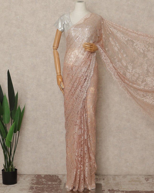 Peach Blush Metallic French Chantilly Saree Lace Elegant Floral Net Design 5.5 Mtrs Length 110 Cms Width Premium Soft Sheer Fabric France Origin-D28907 Regal Fabrics