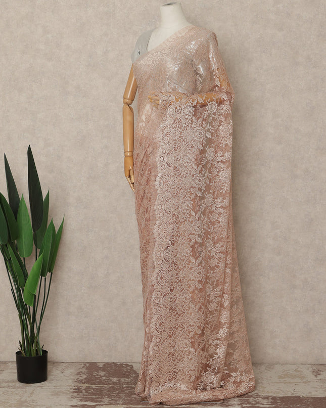 Peach Blush Metallic French Chantilly Saree Lace Elegant Floral Net Design 5.5 Mtrs Length 110 Cms Width Premium Soft Sheer Fabric France Origin-D28907 Regal Fabrics