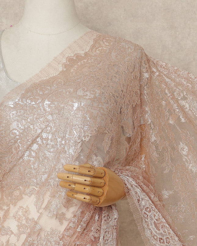 Peach Blush Metallic French Chantilly Saree Lace Elegant Floral Net Design 5.5 Mtrs Length 110 Cms Width Premium Soft Sheer Fabric France Origin-D28907 Regal Fabrics