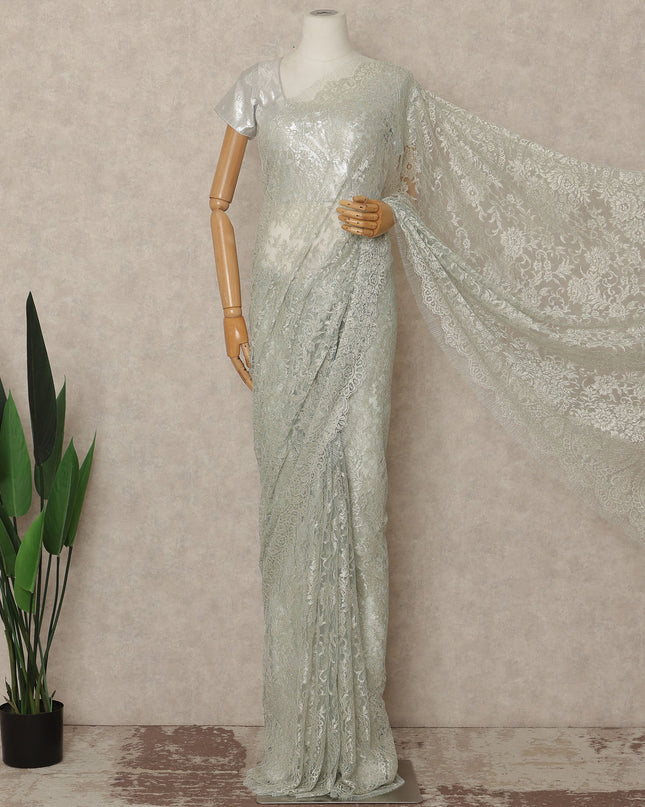 Mint Green Metallic French Chantilly Saree Lace Elegant Floral Net Design 5.5 Mtrs Length 110 Cms Width Premium Soft Sheer Fabric France Origin-D28913 Regal Fabrics