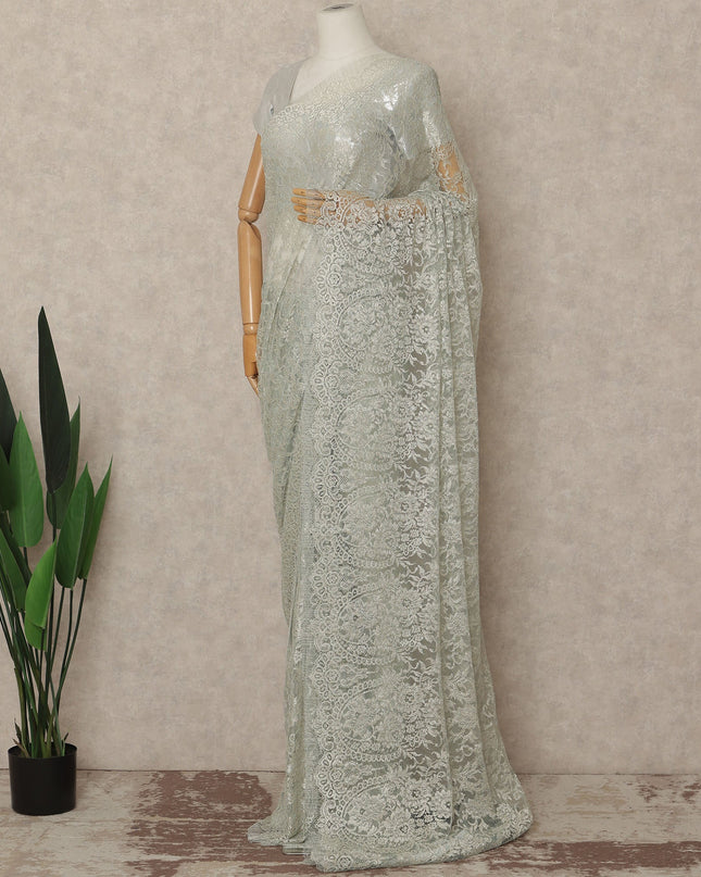 Mint Green Metallic French Chantilly Saree Lace Elegant Floral Net Design 5.5 Mtrs Length 110 Cms Width Premium Soft Sheer Fabric France Origin-D28913 Regal Fabrics