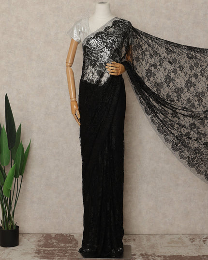 Black Metallic French Chantilly Saree Lace Elegant Floral Net Design 5.5 Mtrs Length 110 Cms Width Premium Soft Sheer Fabric France Origin-D28904 Regal Fabrics