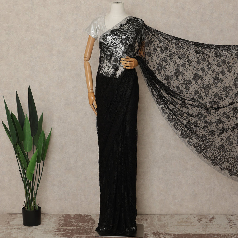 Black Metallic French Chantilly Saree Lace Elegant Floral Net Design 5.5 Mtrs Length 110 Cms Width Premium Soft Sheer Fabric France Origin-D28904 Regal Fabrics