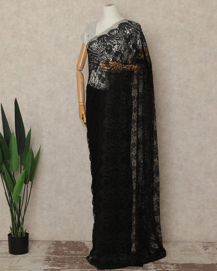 Black Metallic French Chantilly Saree Lace Elegant Floral Net Design 5.5 Mtrs Length 110 Cms Width Premium Soft Sheer Fabric France Origin-D28904 Regal Fabrics