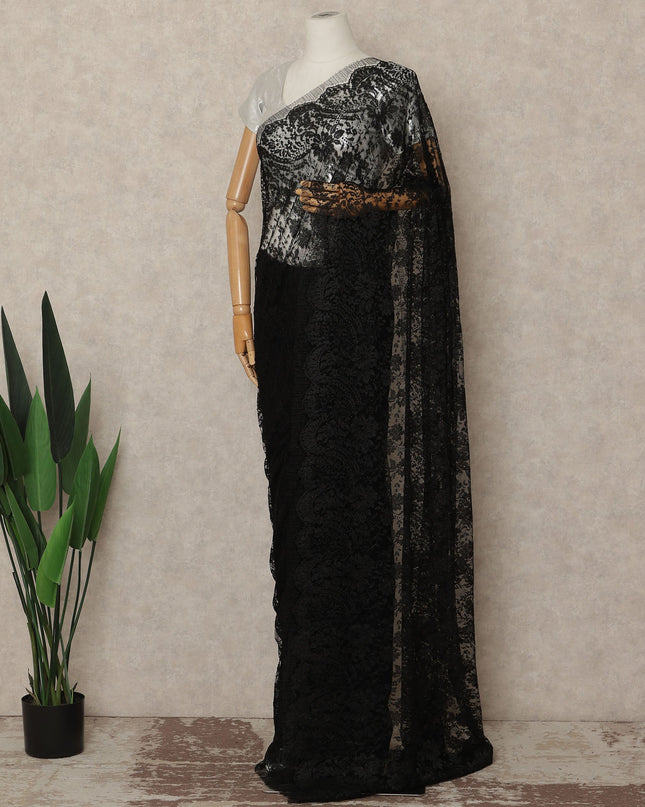 Black Metallic French Chantilly Saree Lace Elegant Floral Net Design 5.5 Mtrs Length 110 Cms Width Premium Soft Sheer Fabric France Origin-D28904 Regal Fabrics