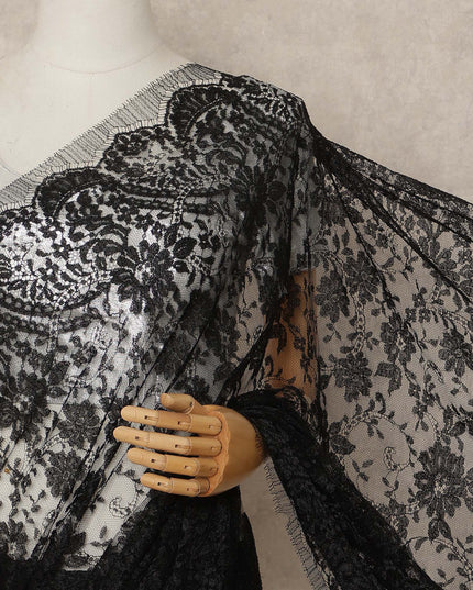 Black Metallic French Chantilly Saree Lace Elegant Floral Net Design 5.5 Mtrs Length 110 Cms Width Premium Soft Sheer Fabric France Origin-D28904 Regal Fabrics