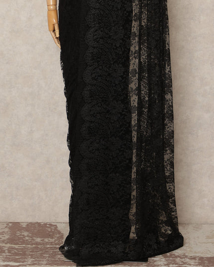 Black Metallic French Chantilly Saree Lace Elegant Floral Net Design 5.5 Mtrs Length 110 Cms Width Premium Soft Sheer Fabric France Origin-D28904 Regal Fabrics