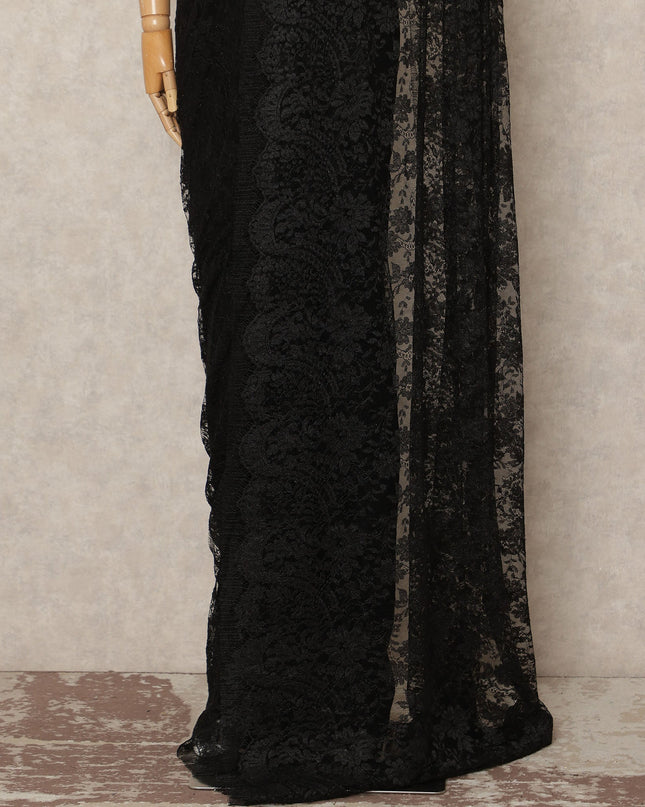 Black Metallic French Chantilly Saree Lace Elegant Floral Net Design 5.5 Mtrs Length 110 Cms Width Premium Soft Sheer Fabric France Origin-D28904 Regal Fabrics