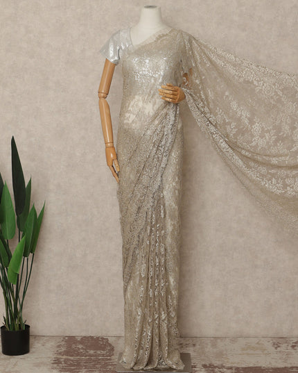 Warm Beige Metallic French Chantilly Saree Lace Elegant Floral Net Design 5.5 Mtrs Length 110 Cms Width Premium Soft Sheer Fabric France Origin-D28910 Regal Fabrics